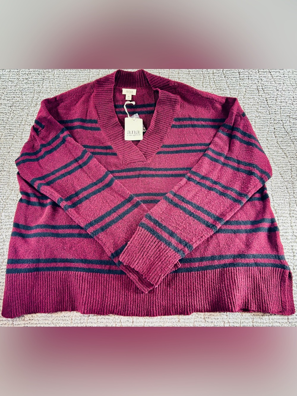 NWT a.n.a Women’s XXL Wine and Black Striped V-Neck Sweater